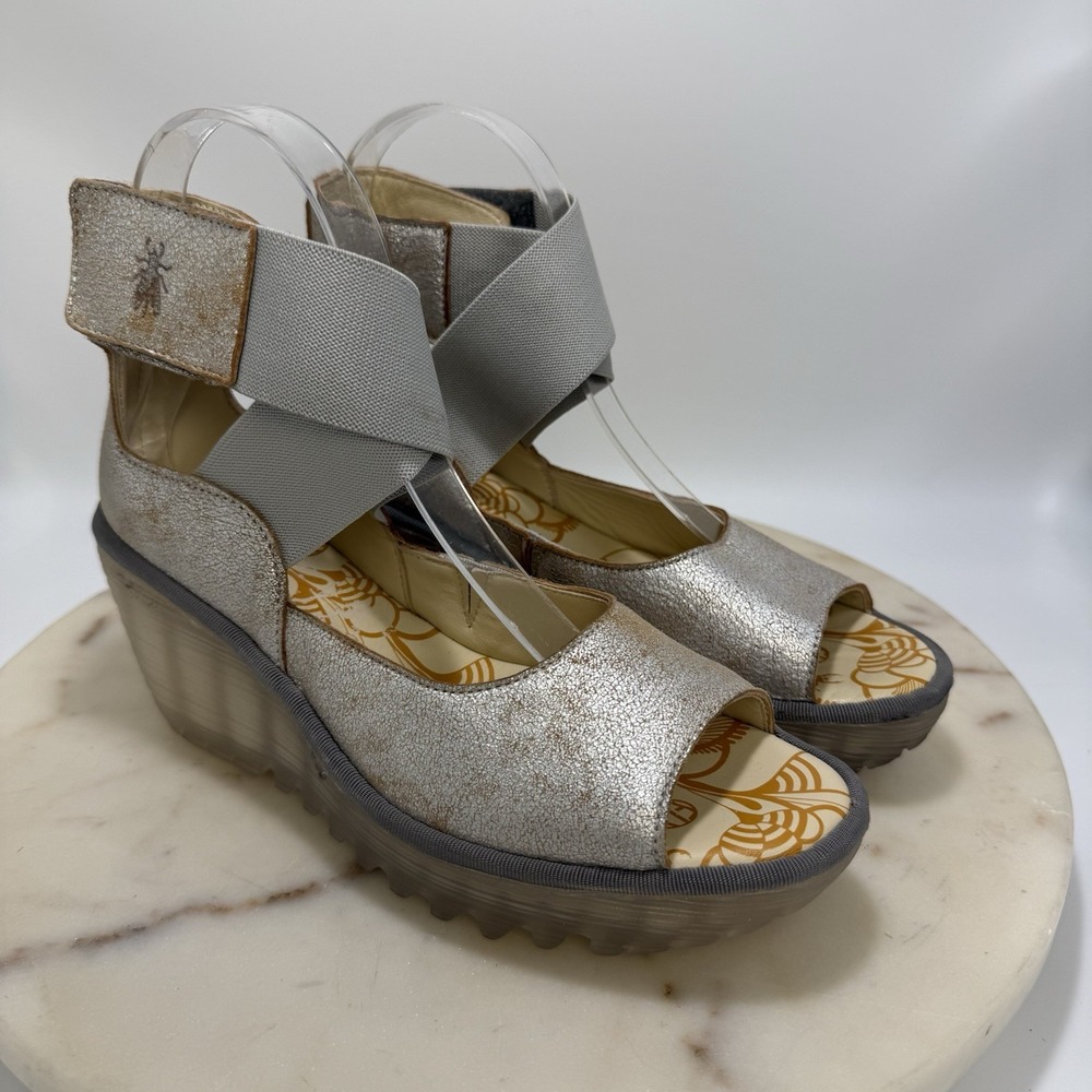Fly London Women's Pearl Hook & Loop Elastic Ankle Strap Wedge Sandal Size 38/7